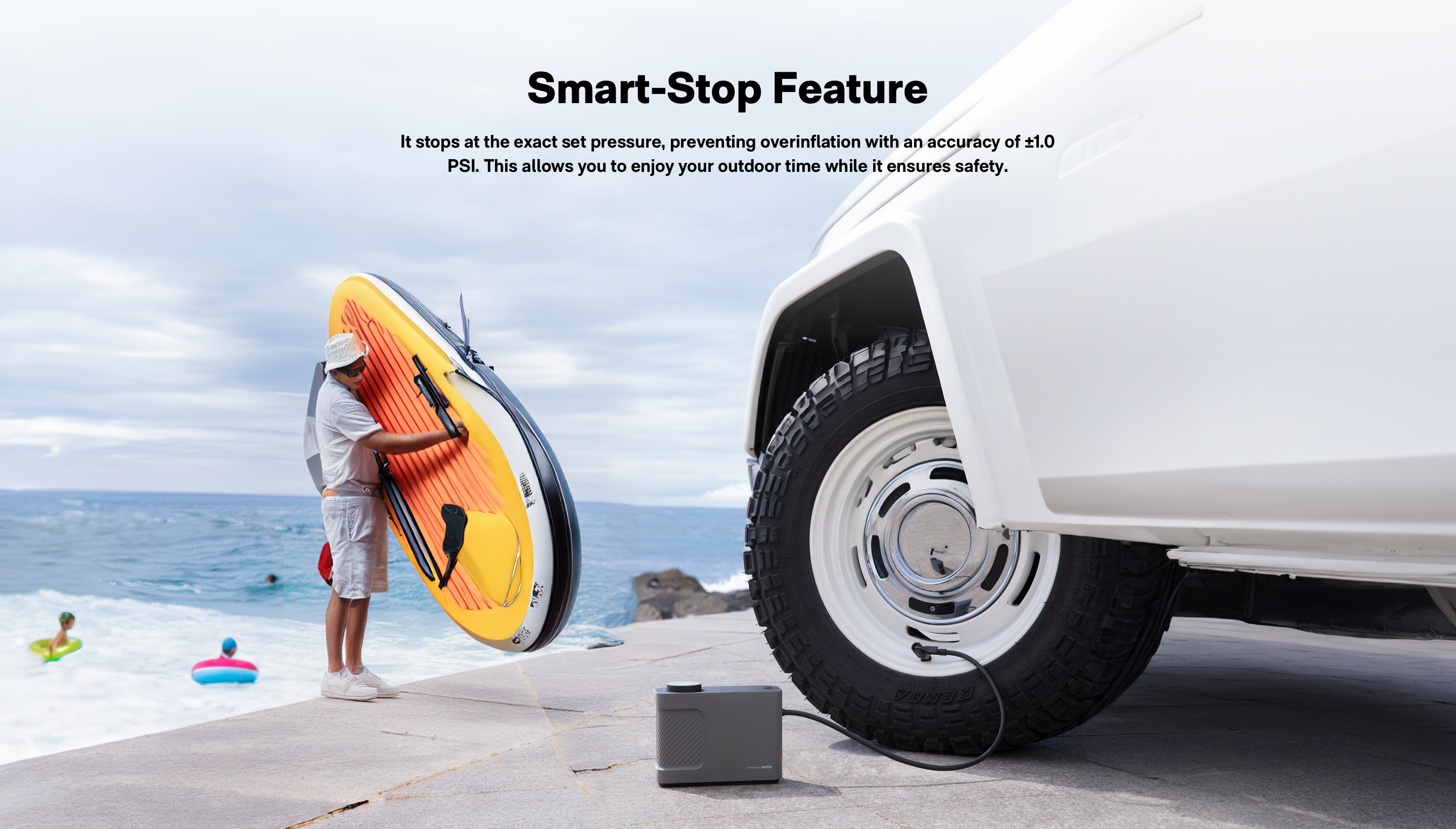 The air pump master can stop at the exact set pressure, preventing overinflation an accuracy Of ± 1.0 PSI.