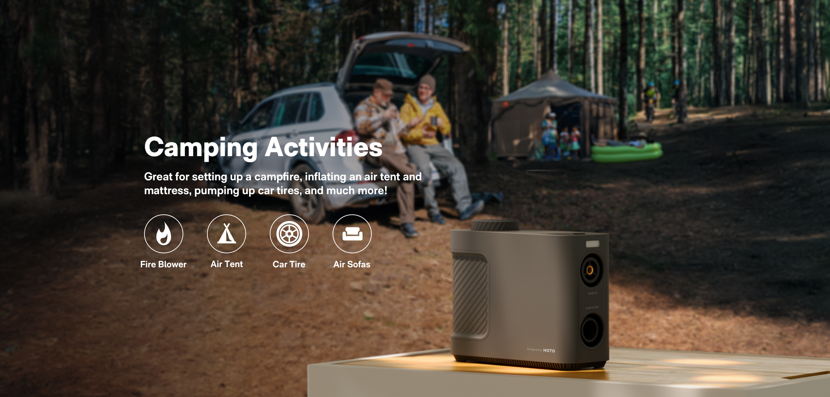 The newest air pump is great for Camping Activities such as setting up a campfire,  inflatingan air mattress, pumping up car tires.