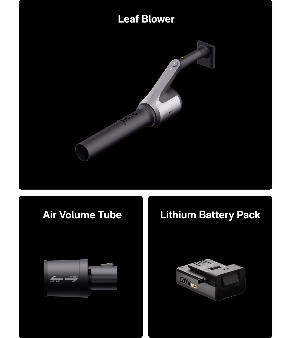 HOTO 20V leaf blower kit including blower, battery, and air volume tube