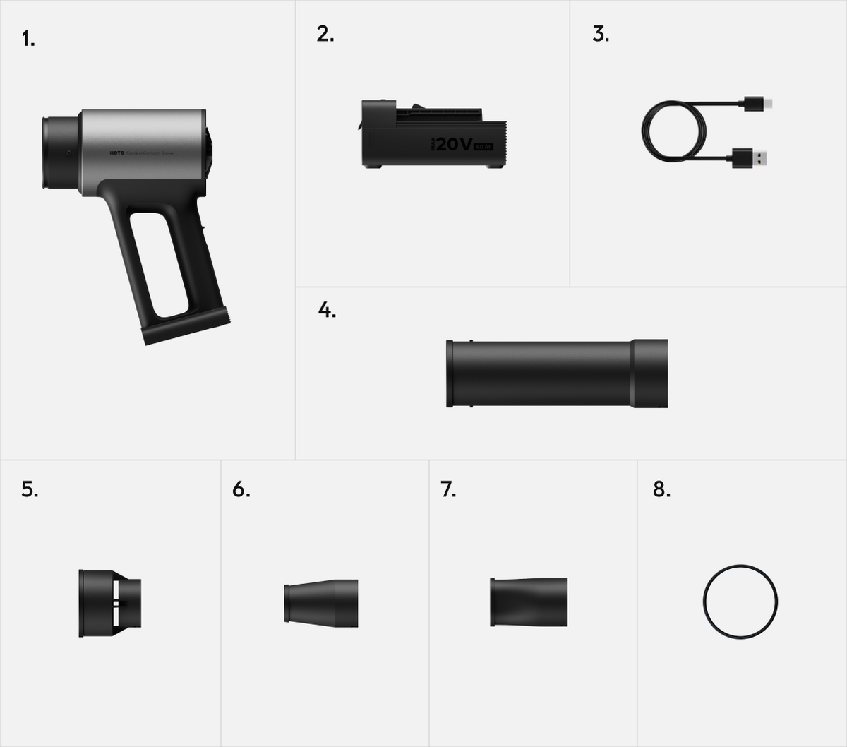 WHAT'S IN THE BOX HOTO Cordless Compact BlowerDetachable 20V Lithium BatteryUSB-C Charging CableExtension Tubes 2pcsAir Volume TubeSpeed TipFlat TipProtective Rubber Ring