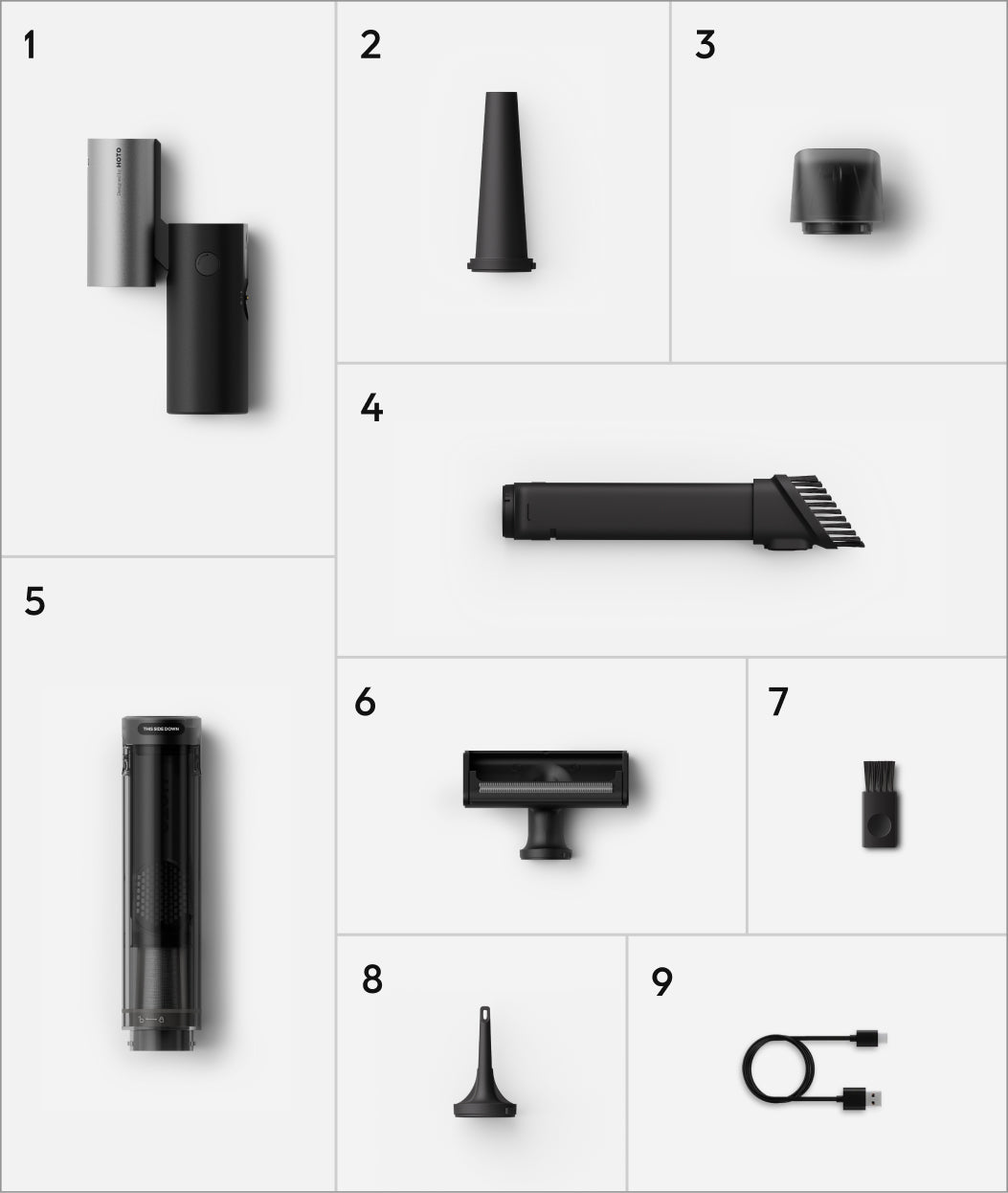 WHAT'S IN THE BOX HOTO PENVAC™ PivotDual-flow ToolCompact ToolCrevice ToolPullClear Dust CupCombination Brush HeadCleaning BrushInflation AdapterUSB-C Charging Cable