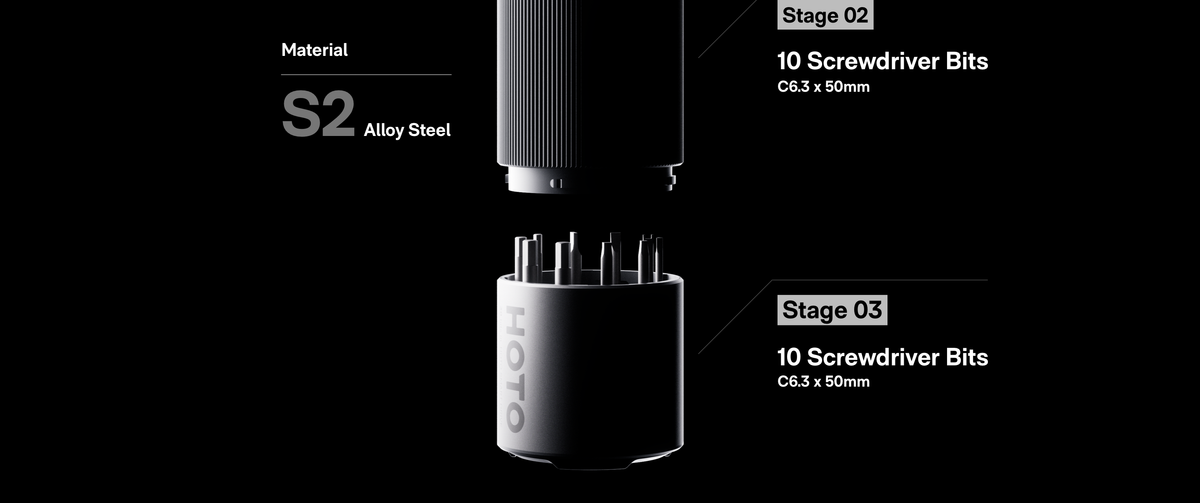 HOTO PixelDrive screwdriver and two storage stages containing thirty S2 steel bits