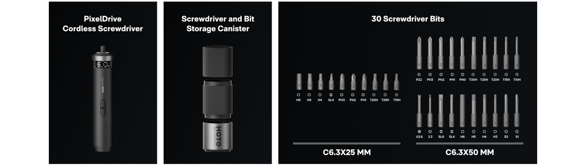 HOTO PixelDrive screwdriver, cylindrical case and thirty included bits