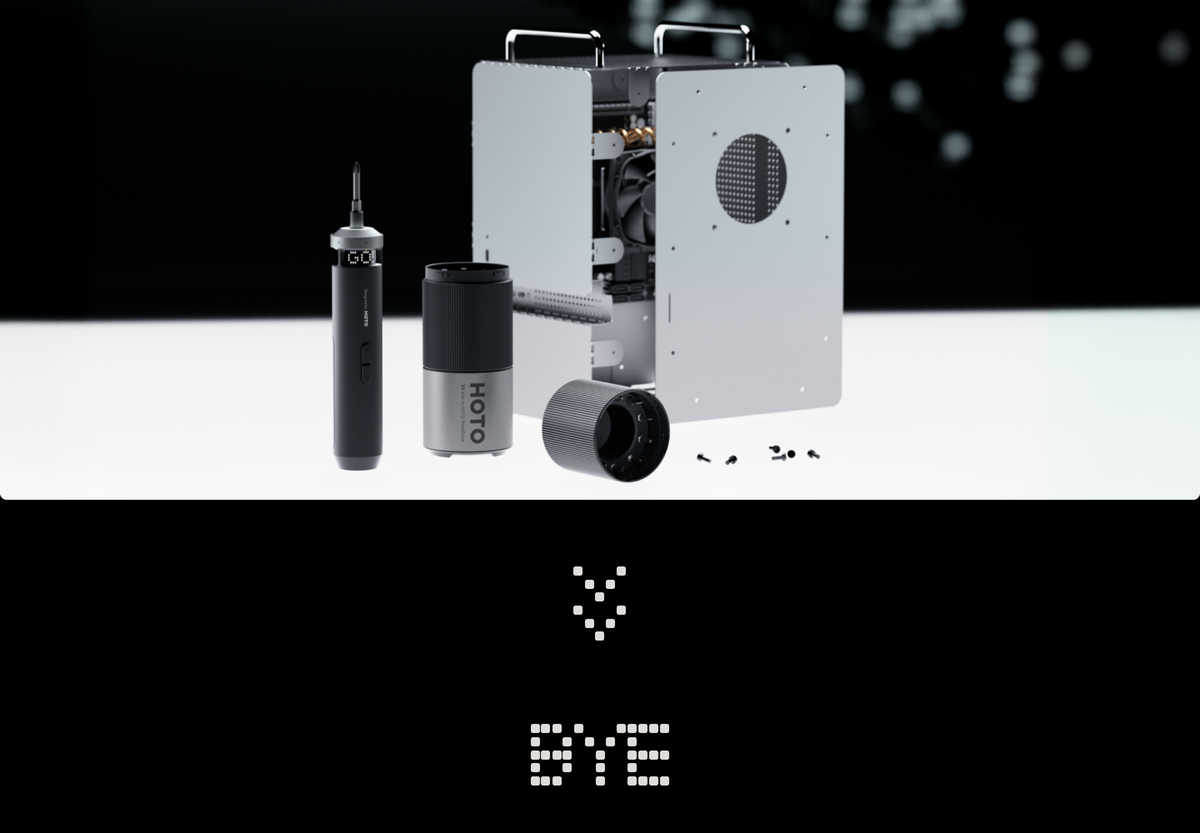 Exploded view of HOTO PixelDrive screwdriver and layered storage canister