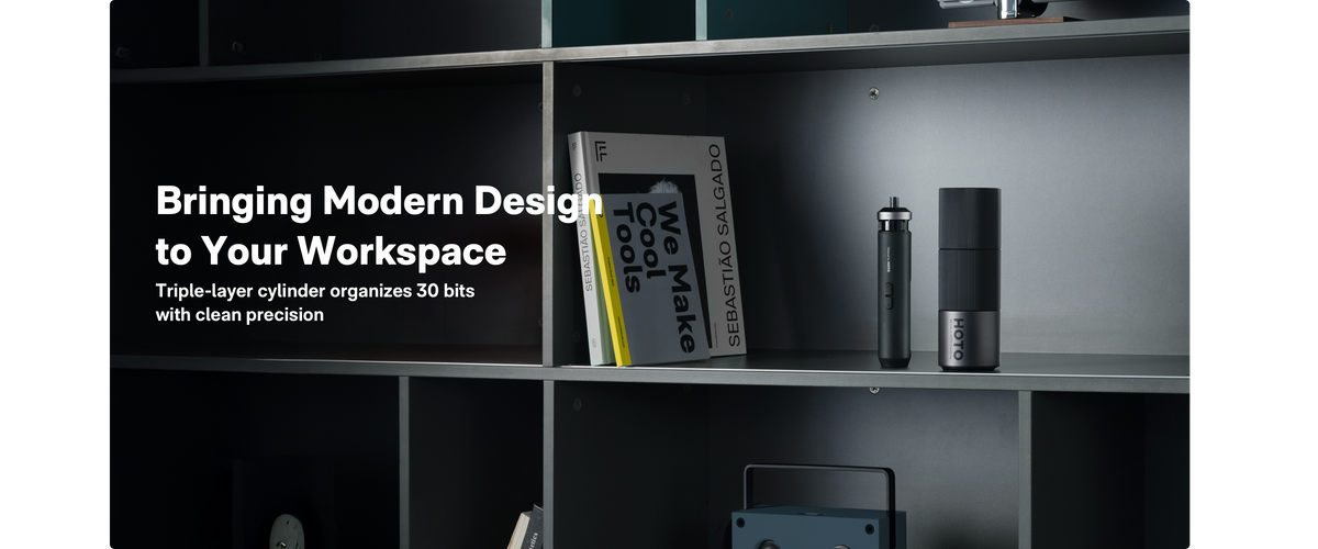 HOTO PixelDrive cylindrical screwdriver set displayed on a modern shelf