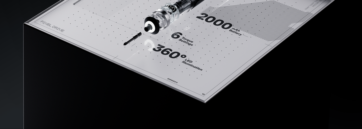 PixelDrive design sheet highlighting its 2000mAh battery and 360-degree LED light
