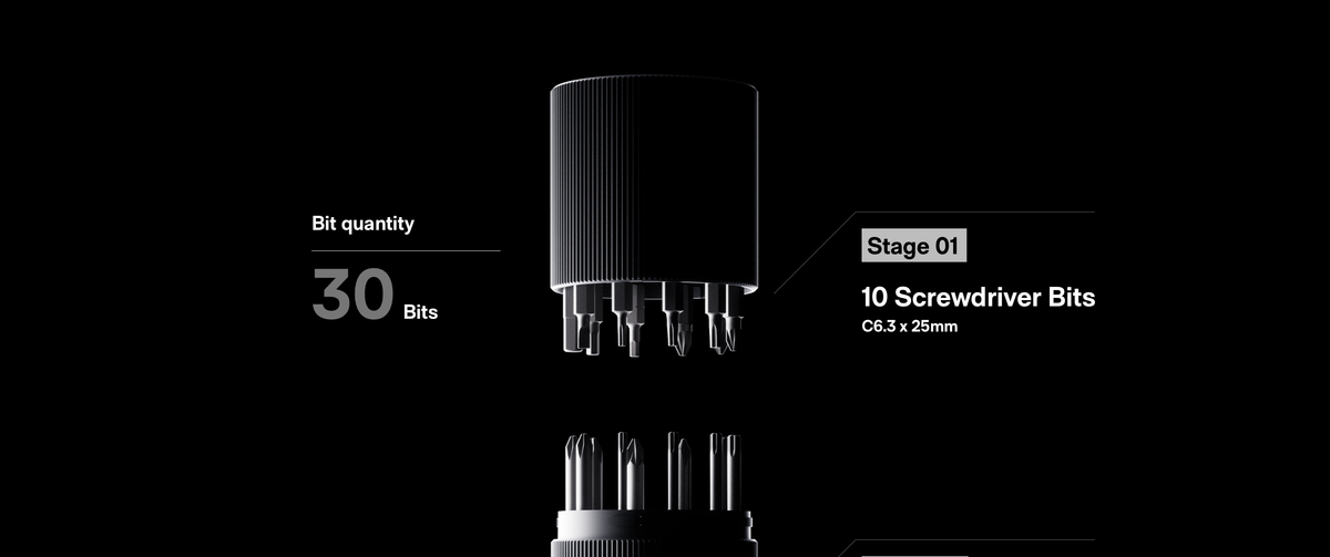Close view of the PixelDrive bit-storage stage holding ten screwdriver bits