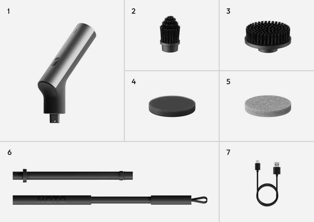 WHAT'S IN THE BOX HOTO Swift™ EASYCARECordless Spin ScrubberPointed BrushFlat BrushSponge PadScour PadRetractable PoleCharging Cable