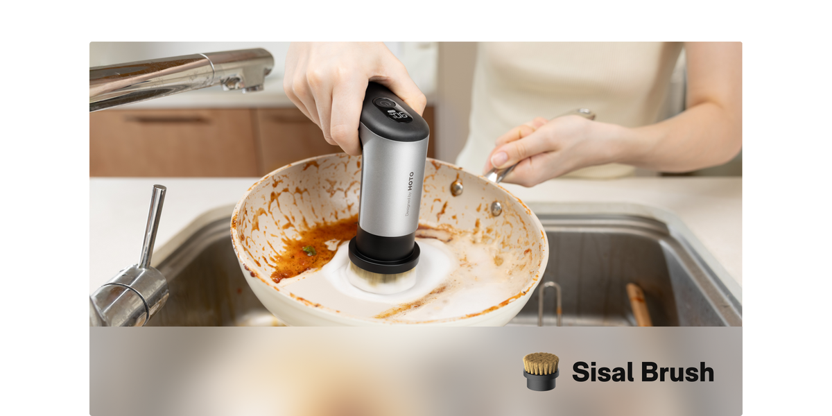 Sisal brush cleaning food residue from a plate