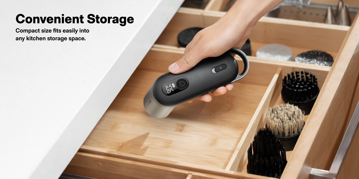 HOTO Grip spin scrubber and attachments stored inside a kitchen drawer