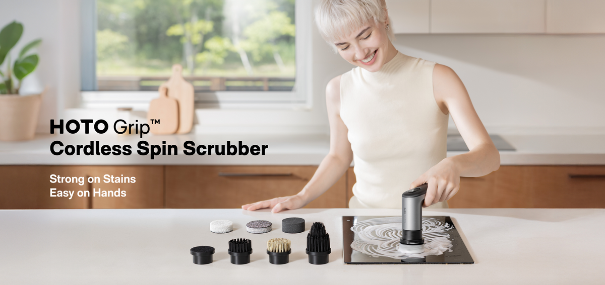 HOTO Grip cordless spin scrubber with six kitchen cleaning attachments
