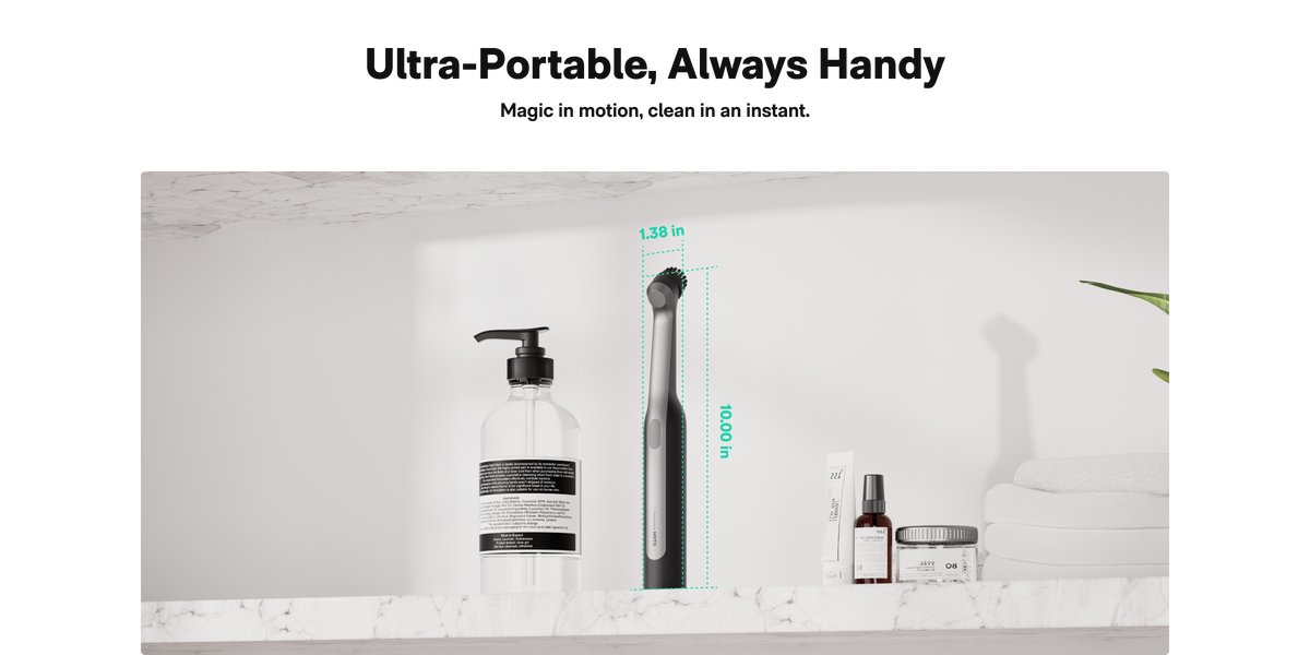 Compact HOTO Wand stored beside bathroom accessories