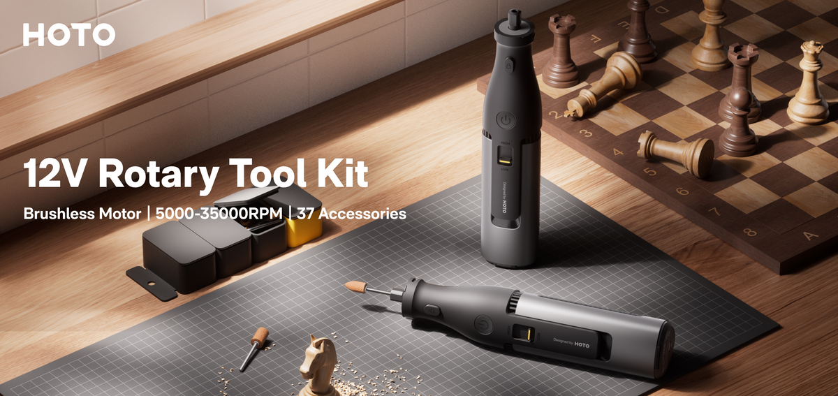 HOTO 12V Cordless Rotary Tool Pro kit with brushless motor, variable speed and accessories